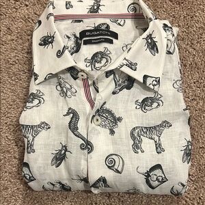 Bugatchi White and Black Casual Button Down Shirt with Animal Print